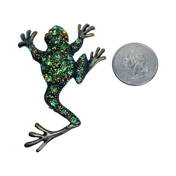 Green Crystal Frog Brooch Pin 3" Toad Whimsical Figural - Picture 9 of 10